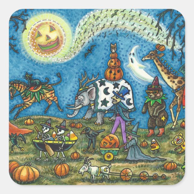 HALLOWEEN PARADE Witch Giraffe Bear Zebra Skellies Square Sticker (Front)