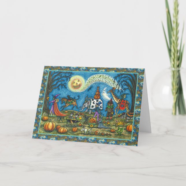 HALLOWEEN PARADE Witch Giraffe Zebra Skelly BLANK Holiday Card (Front)