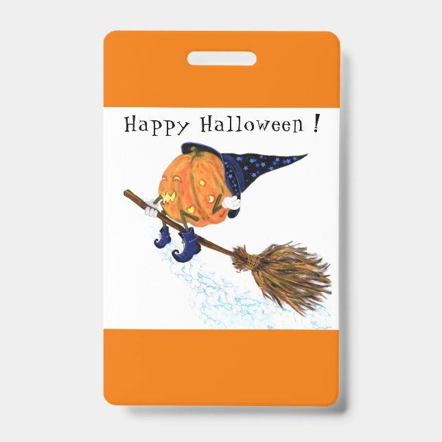 Halloween Party Badge Witch Pumpkin Flying Broom (Front)