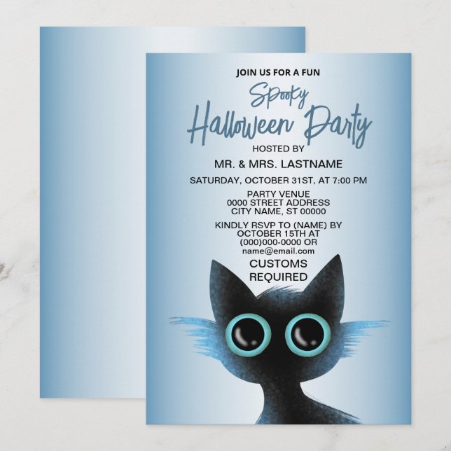 Halloween Party Big Eyes Black Blue Evil Cat Invitation (Front/Back)