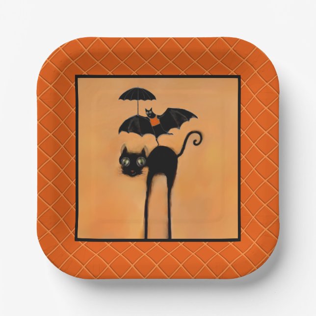 Halloween Party Black Cat and Bat Paper Plates (Front)