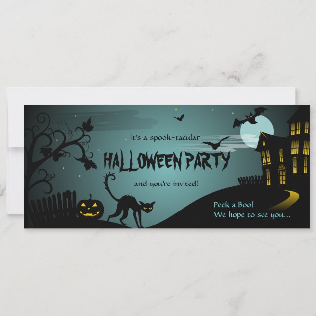 Halloween Party Black Cat Haunted House Blue Invitation (Front)