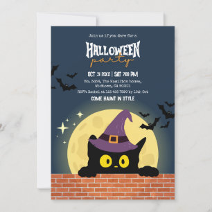 Halloween Party Black Cat Moon Bat WitchHat Spooky Invitation