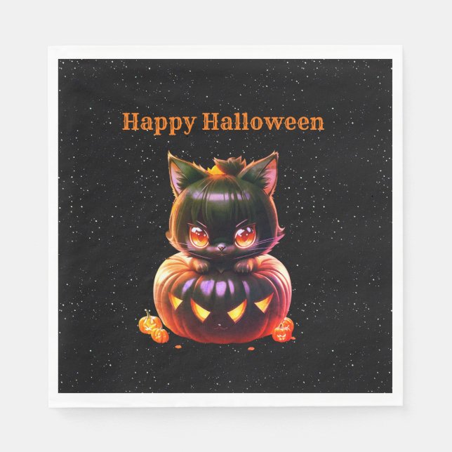 Halloween Party Black Cat Pumpkin Horror Scary Napkin (Front)