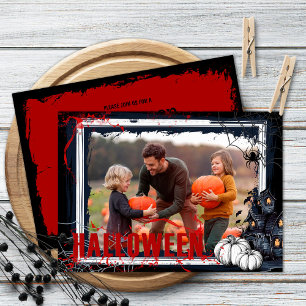 Halloween Party Black Frame with Pumpkins Photo Invitation