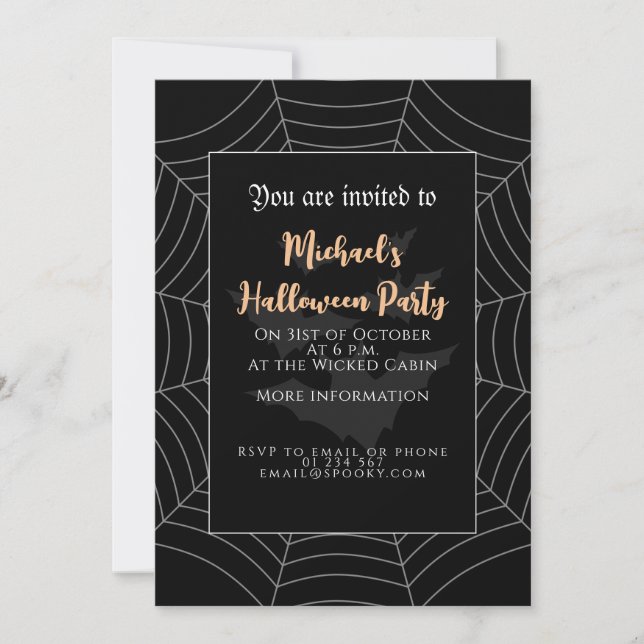 Halloween Party Black grey spider web bats Invitation (Front)