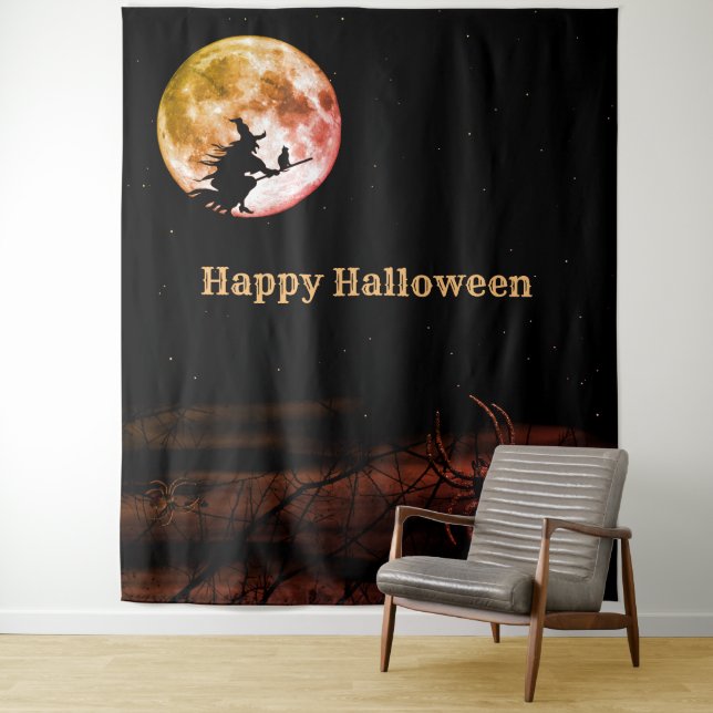 Halloween Party Black Night Full Moon Scary Tapestry (In Situ)