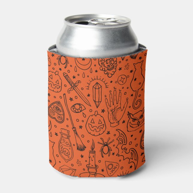 Halloween Party Black & Orange Doodle Pattern  Can Cooler (Can Front)