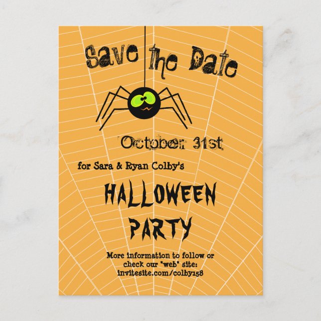 Halloween Party Black Spider Orange Save the Date Announcement Postcard (Front)