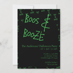Halloween Party Boos and Booze Green Black Invitation