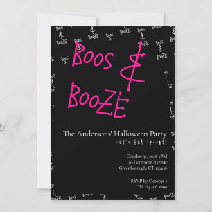 Halloween Party Boos and Booze Pink Black White Invitation