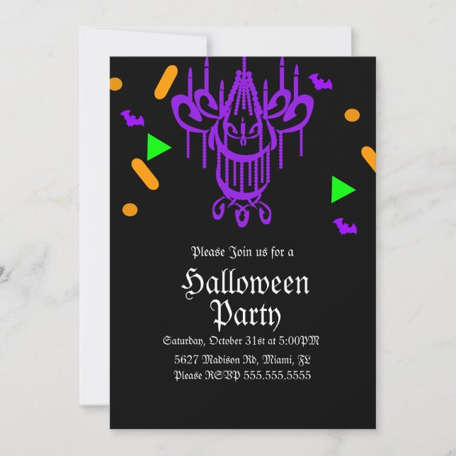 Halloween Party Chandelier Confetti Neon Invitation (Front)