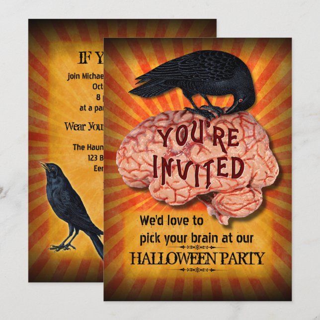 Halloween Party - Creepy Raven on Brain Custom Invitation (Front/Back)