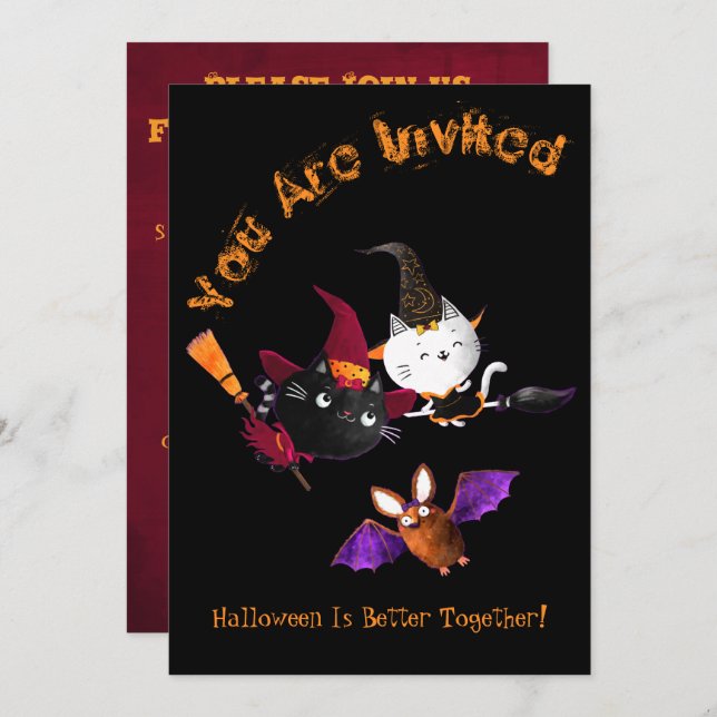 Halloween Party Cute Witch Cats Brooms Bat Kettle  Invitation (Front/Back)