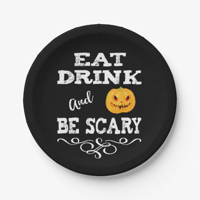Halloween Party Eat Drink & Be Scary Pumpkin Face Paper Plate (Front)