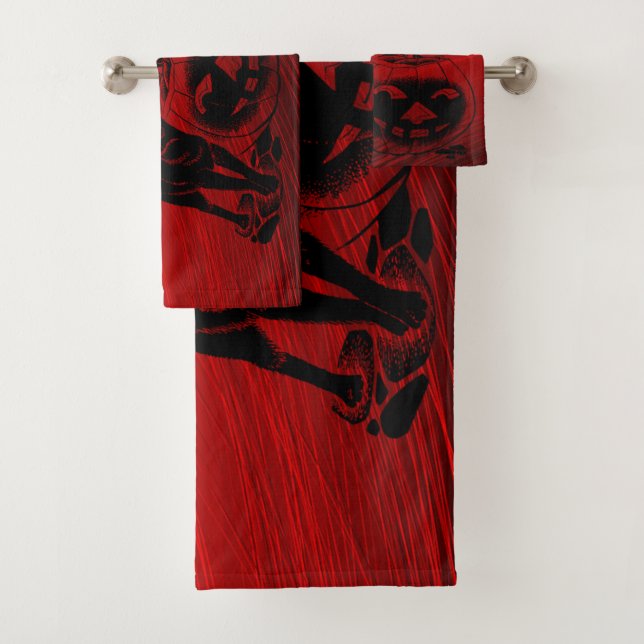 Halloween Party Evil Black Cat Pumpkin Red Scary Bath Towel Set (Insitu)