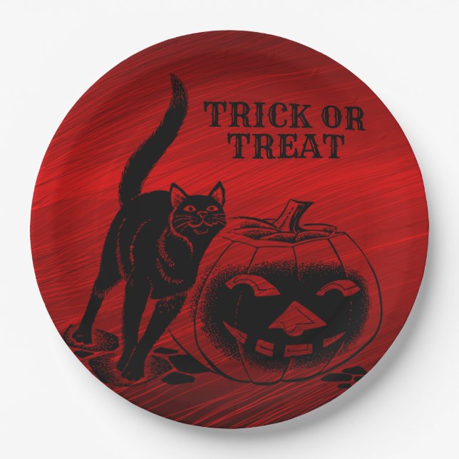 Halloween Party Evil Black Cat Pumpkin Red Scary Paper Plate (Front)