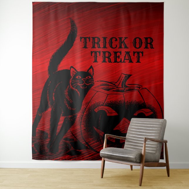 Halloween Party Evil Black Cat Pumpkin Red Scary Tapestry (In Situ)