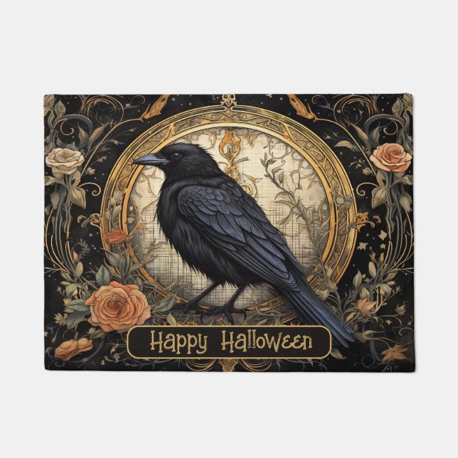 Halloween Party Evil Black Crow Orange Flowers Doormat (Front)