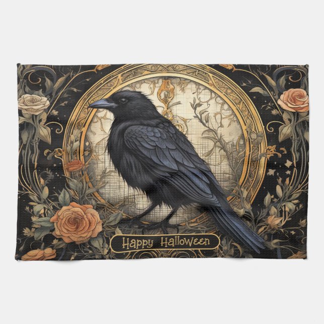 Halloween Party Evil Black Crow Orange Flowers Kitchen Towel (Horizontal)