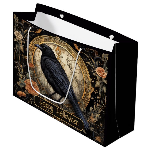 Halloween Party Evil Black Crow Orange Flowers Large Gift Bag (Front Angled)