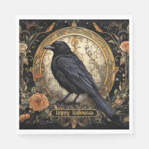 Halloween Party Evil Black Crow Orange Flowers Napkin