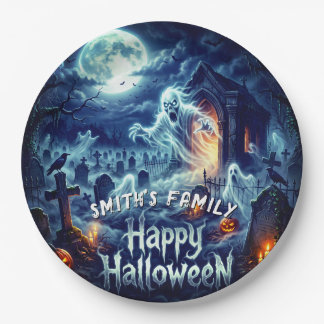 Halloween Party Ghost Full Moon Graveyard Paper Plate
