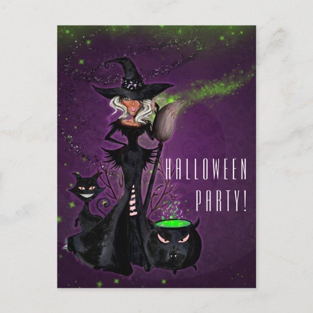 Halloween Party Glam Witch in Black Green Purple Invitation Postcard (Front)