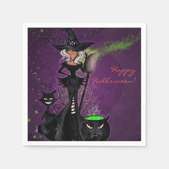 Halloween Party Glam Witch in Black Green Purple Napkin (Front)
