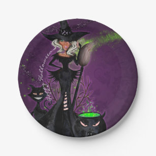 Halloween Party Glam Witch in Black Green Purple Paper Plate