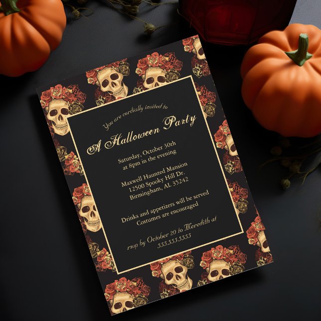 Halloween Party Gothic Skull Black Red Rose Crown Invitation (Creator Uploaded)
