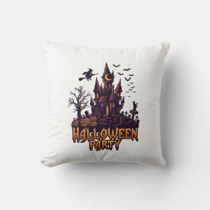 Halloween Party Haunted Castle Pumpkins Bats Throw Pillow