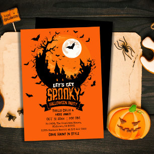 Halloween Party Haunted Castle Spooky Bat Moon Invitation