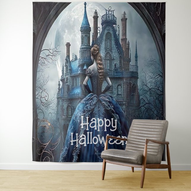 Halloween Party Haunted House Blue Night Scary Tapestry (In Situ)
