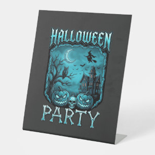 Halloween Party Haunted House Pumpkins Skull Witch Pedestal Sign