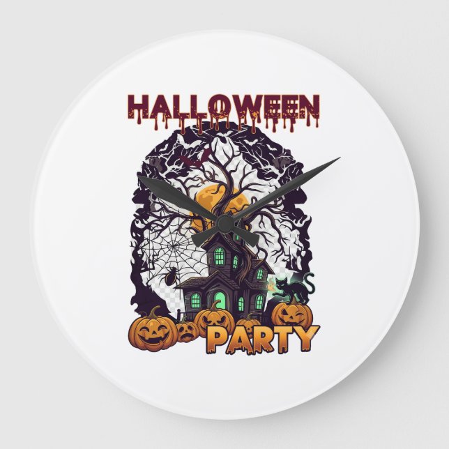 Halloween Party Haunted House Tree Pumpkins Black  Large Clock (Front)