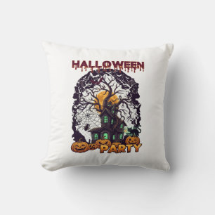 Halloween Party Haunted House Tree Pumpkins Black  Throw Pillow