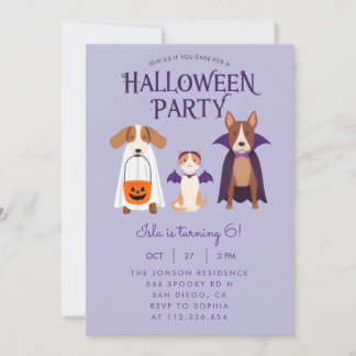 Halloween Party Invitation Cute Dog Cat Bat Hall