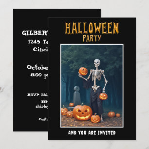 Halloween Party invitation Skeleton among Pumpkins