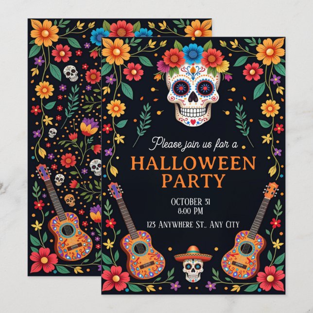 Halloween Party Invitation with Colourful Skulls (Front/Back)