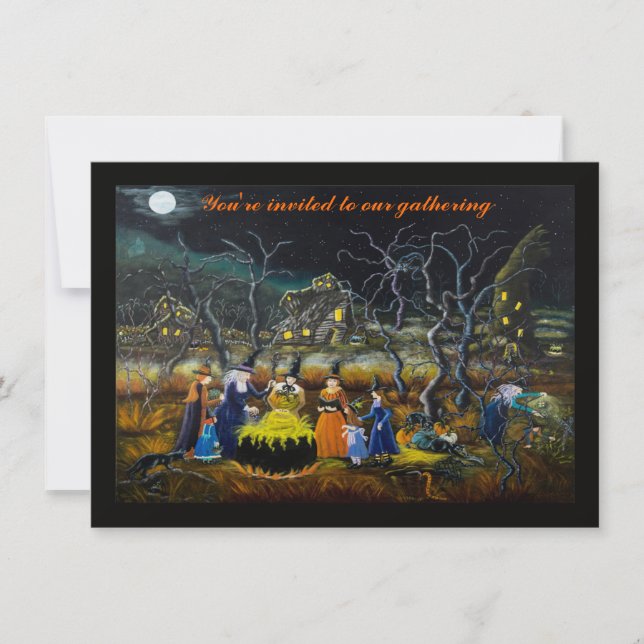 Halloween party invitations, witches with cauldron invitation (Front)