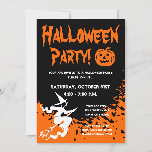 Halloween party invitations with pumpkin and witch (Front)