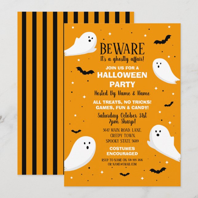 Halloween Party Invite Ghosts Orange Bats Fun (Front/Back)