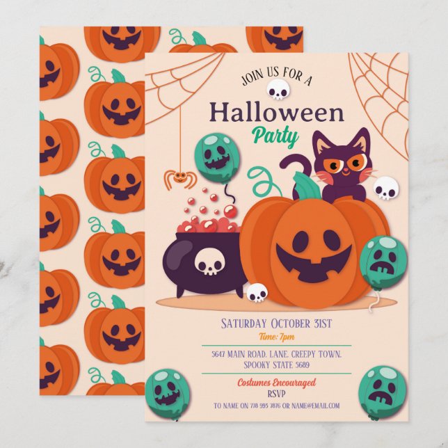 Halloween Party Invite Ghosts Pumpkins Cats Spider (Front/Back)