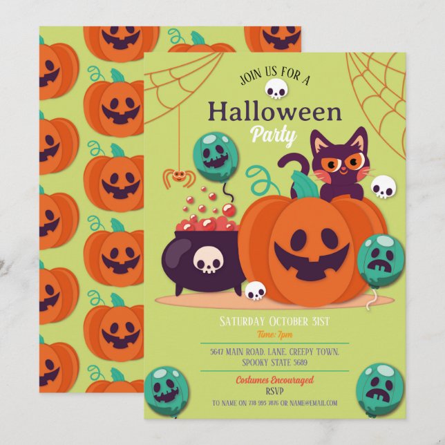 Halloween Party Invite Ghosts Pumpkins Cats Spider (Front/Back)