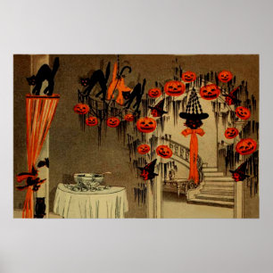 Halloween Party Jack O Lantern Pumpkin Black Cat Poster
