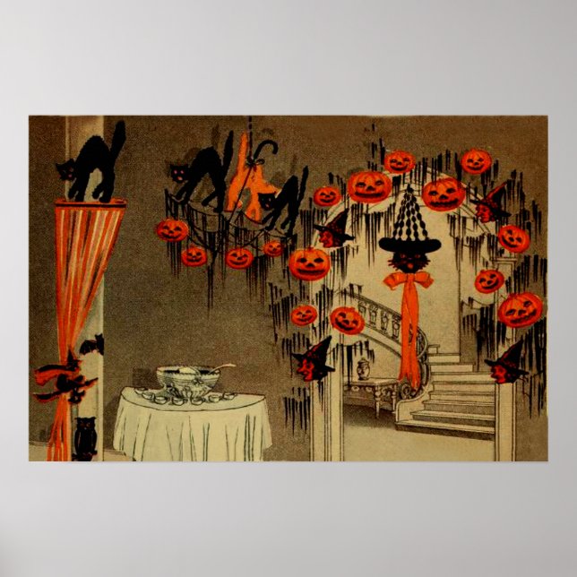Halloween Party Jack O Lantern Pumpkin Black Cat Poster (Front)