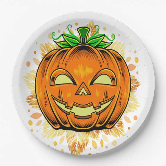 Halloween Party Jackolantern Spooky Pumpkin Paper Plate (Front)