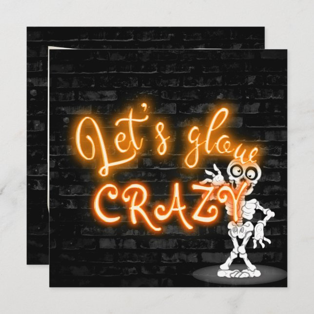 Halloween Party Neon Sign with Skeleton Invitation (Front/Back)