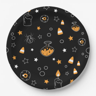 halloween party orange black white paper plate